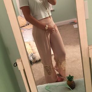 Beige Flowy Pants with lacey bottom
